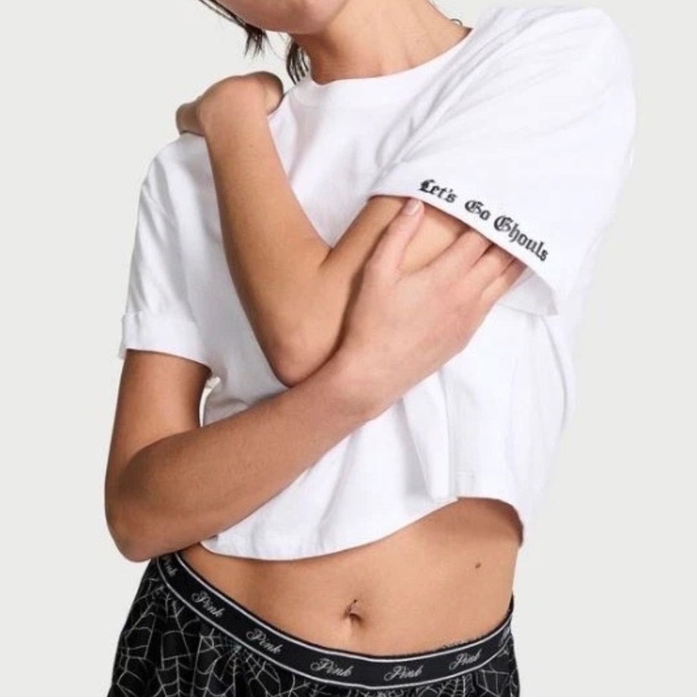 VICTORIA'S SECRET PINK "Lets Go Ghouls" Cotton Cropped Tee Halloween Sz XL New